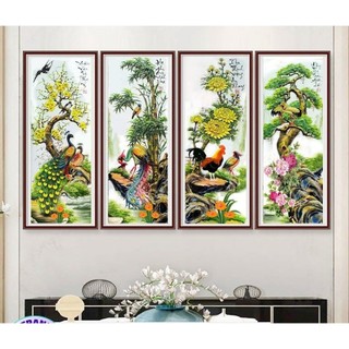 Tranh thêu chữ thập - tranh đính đá tứ quý xuân hạ thu đông, tùng cúc trúc mai