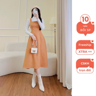 Váy yếm nhung nữ hai dây quai to dáng dài chiết eo màu nâu sáng da