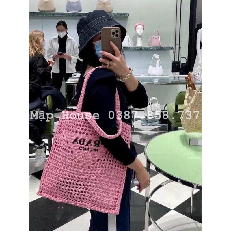 Túi cói lưới chữ nhật đi biển thêu chữ phong cách Vintage