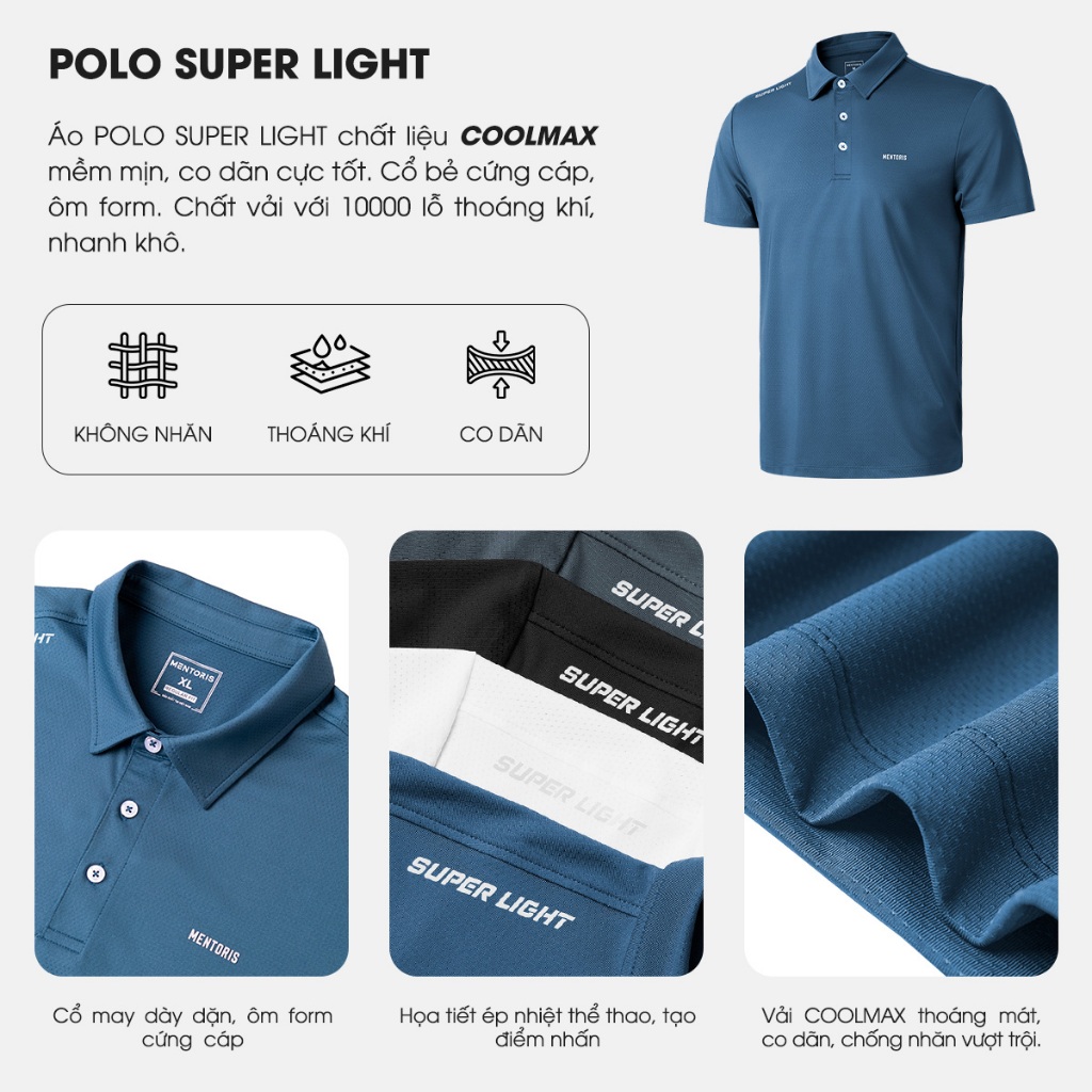 Áo Polo Nam cao cấp Mentoris,  chất liệu Cool max, công nghệ chống nhăn thấm hút mồ hôi tốt thoáng mát MPL01