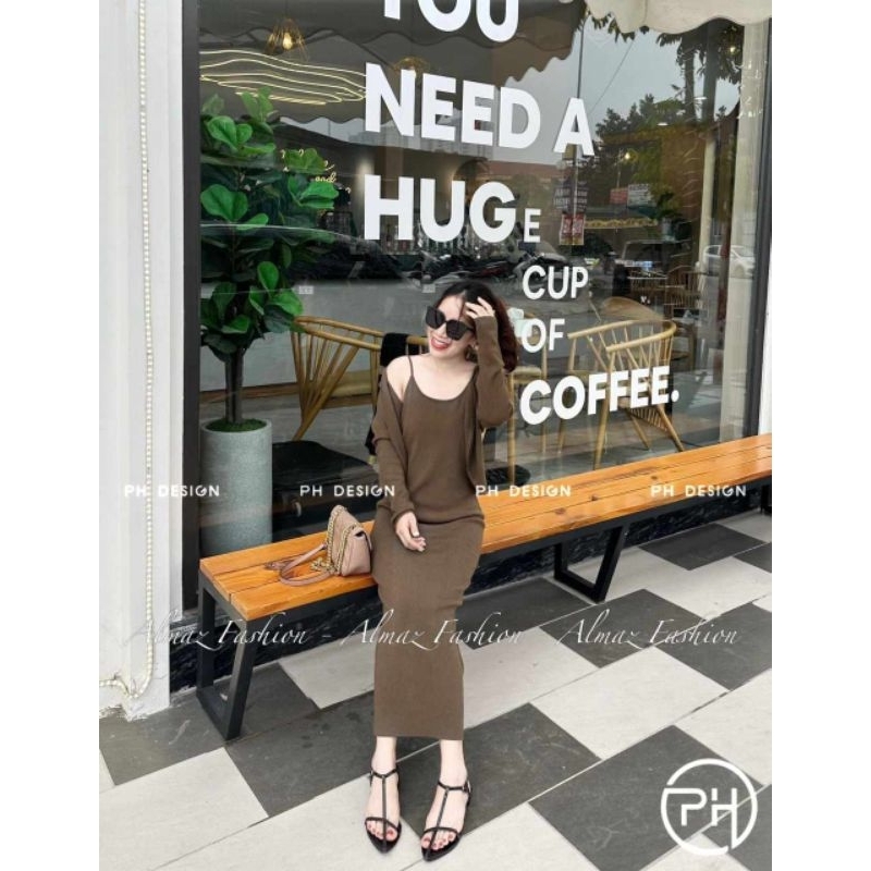 Set váy 2 dây len kèm áo cadigan hàng QC L1