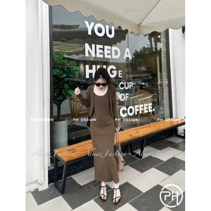 Set váy 2 dây len kèm áo cadigan hàng QC L1