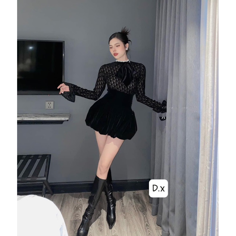 Áo Dio r  phối nơ mix quần nhung xoè bồng