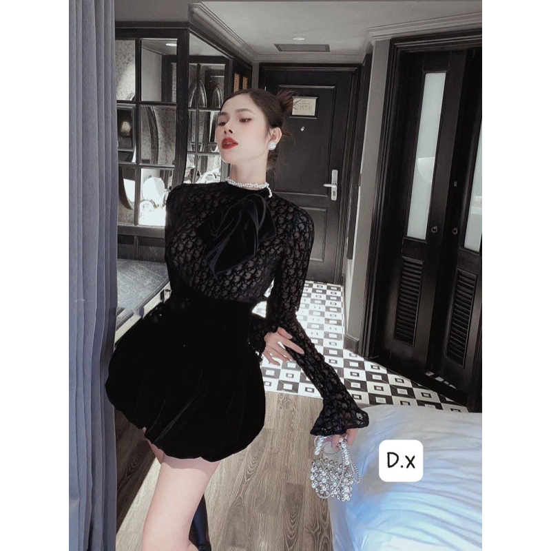 Áo Dio r  phối nơ mix quần nhung xoè bồng