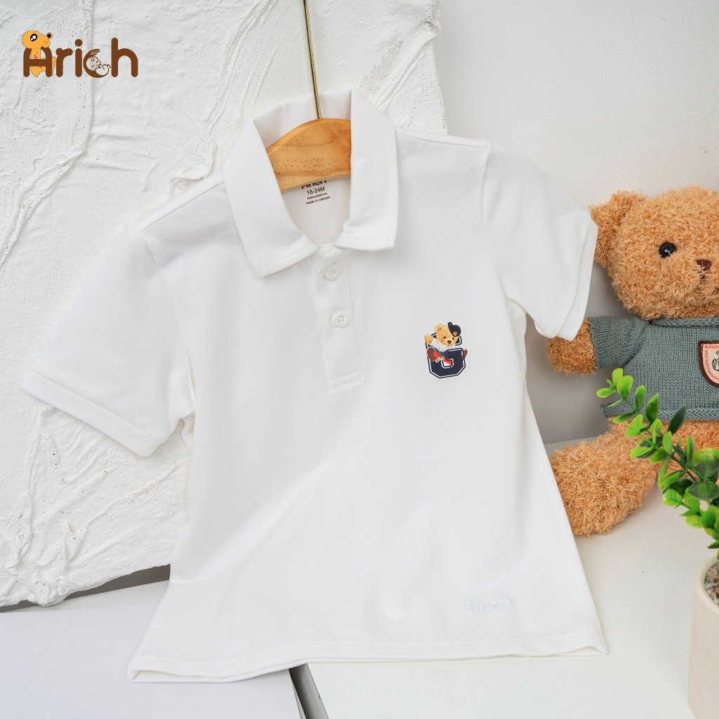 Size 11kg đến 35kg, Áo Polo modal in hình Gấu Teddy Arich