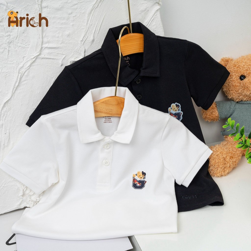 Áo  Polo modal in hình Gấu Teddy size cho bé từ 11kg đến 35kg