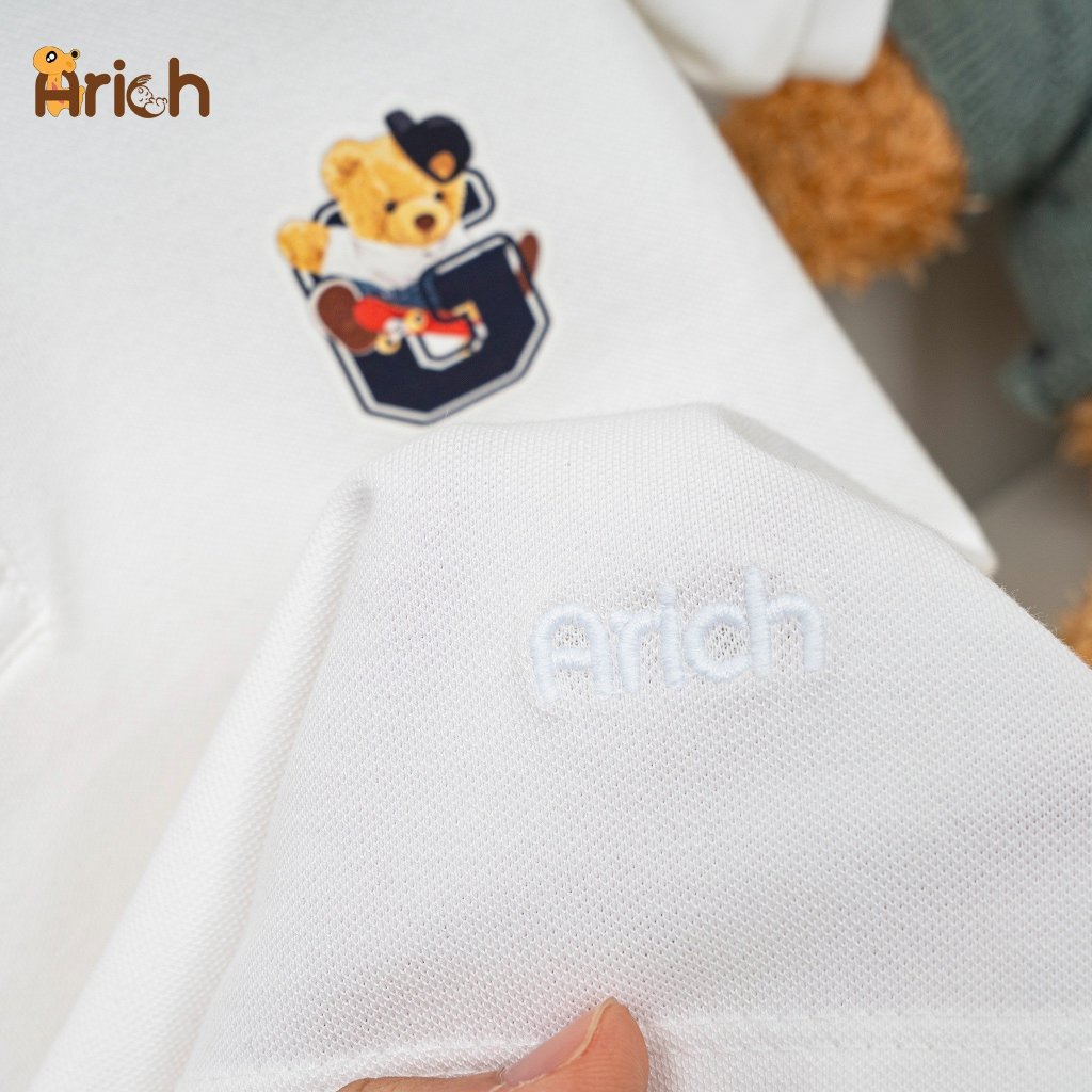 Size 11kg đến 35kg, Áo Polo modal in hình Gấu Teddy Arich