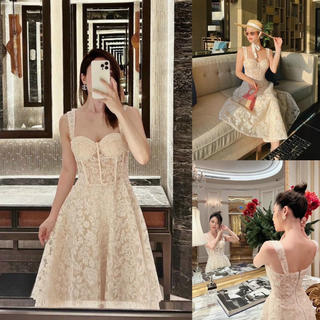 Đầm váy nữ 2 dây xòe ren hoa phối mút cúp ngực với tone màu nude nhẹ nhàng, sang chảnh