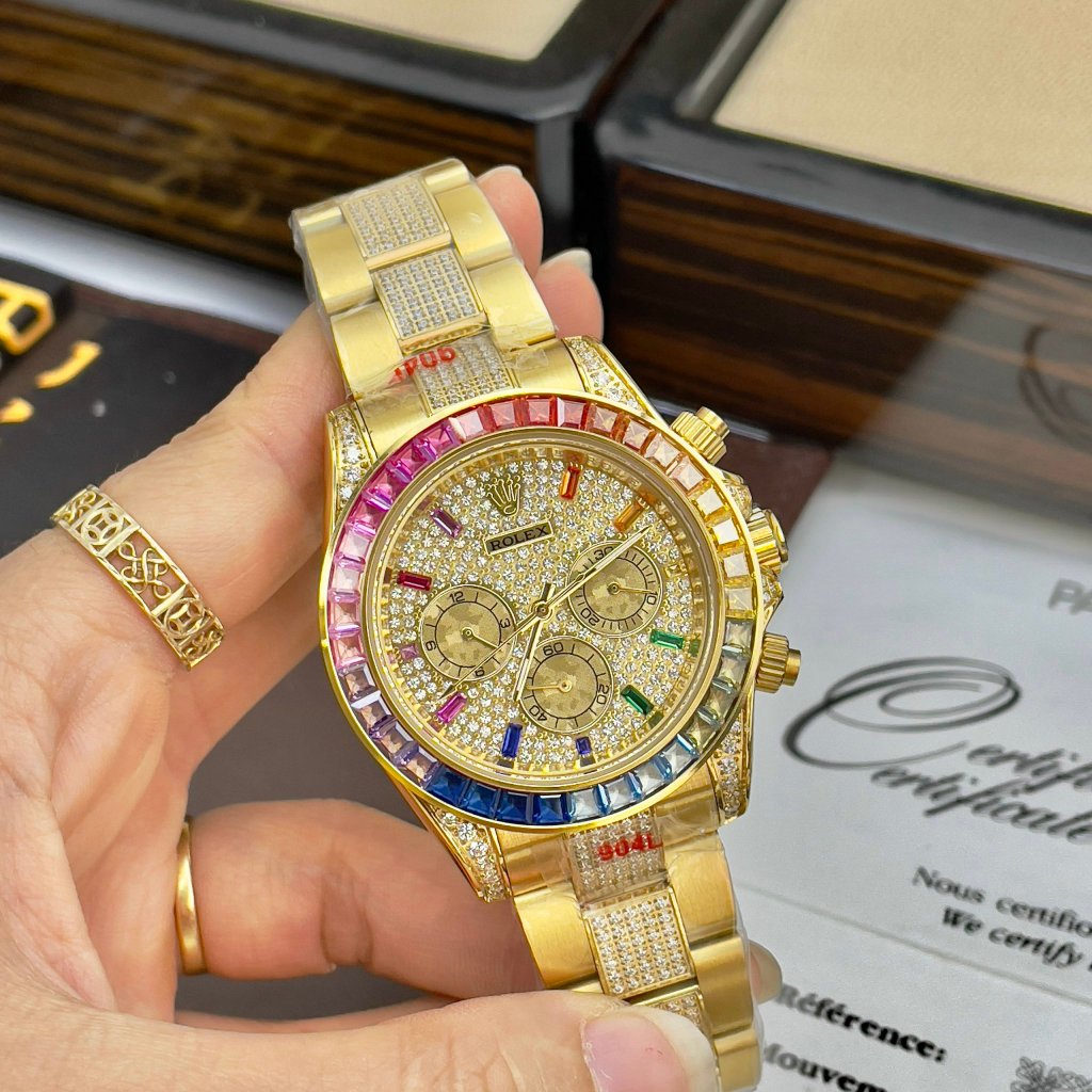Đồng hồ Nam cao cấp - ROLEX CƠ FULL ĐÁ 7 MÀU - size 38 41mm - màu Vàng - Trang anh watch bảo hành 2 năm