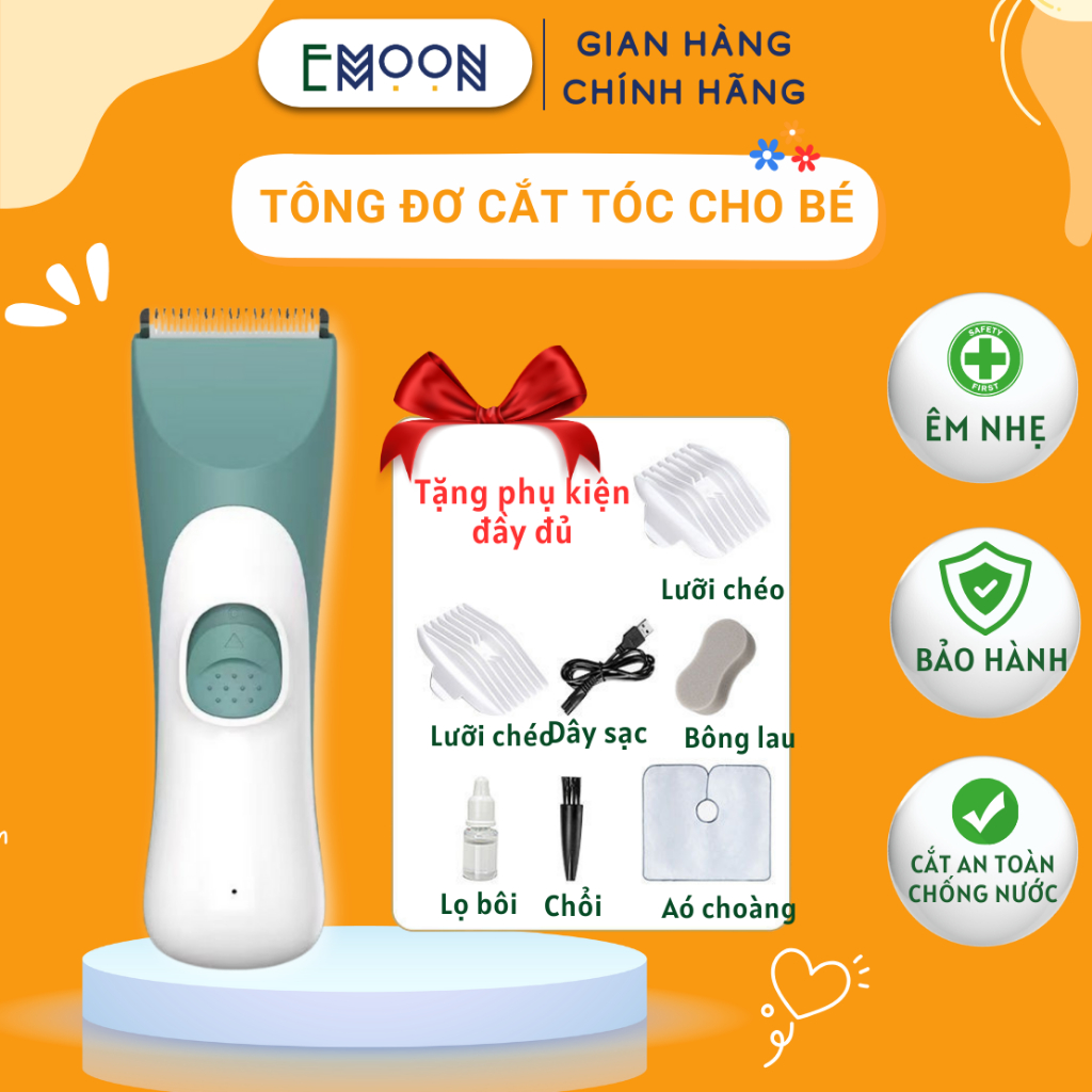 Tông đơ cắt tóc cho bé EMOON đầu lưỡi bo tròn an toàn, chạy êm,sạc pin tách rời,có khả năng chống nước bảo hành 12 tháng