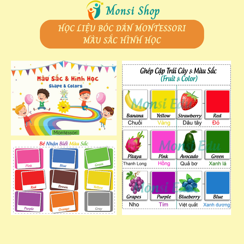 Học Liệu Bóc Dán Bộ Màu Sắc & Hình Học Montessori cho bé từ 1-3 tuổi - [Matching Book]