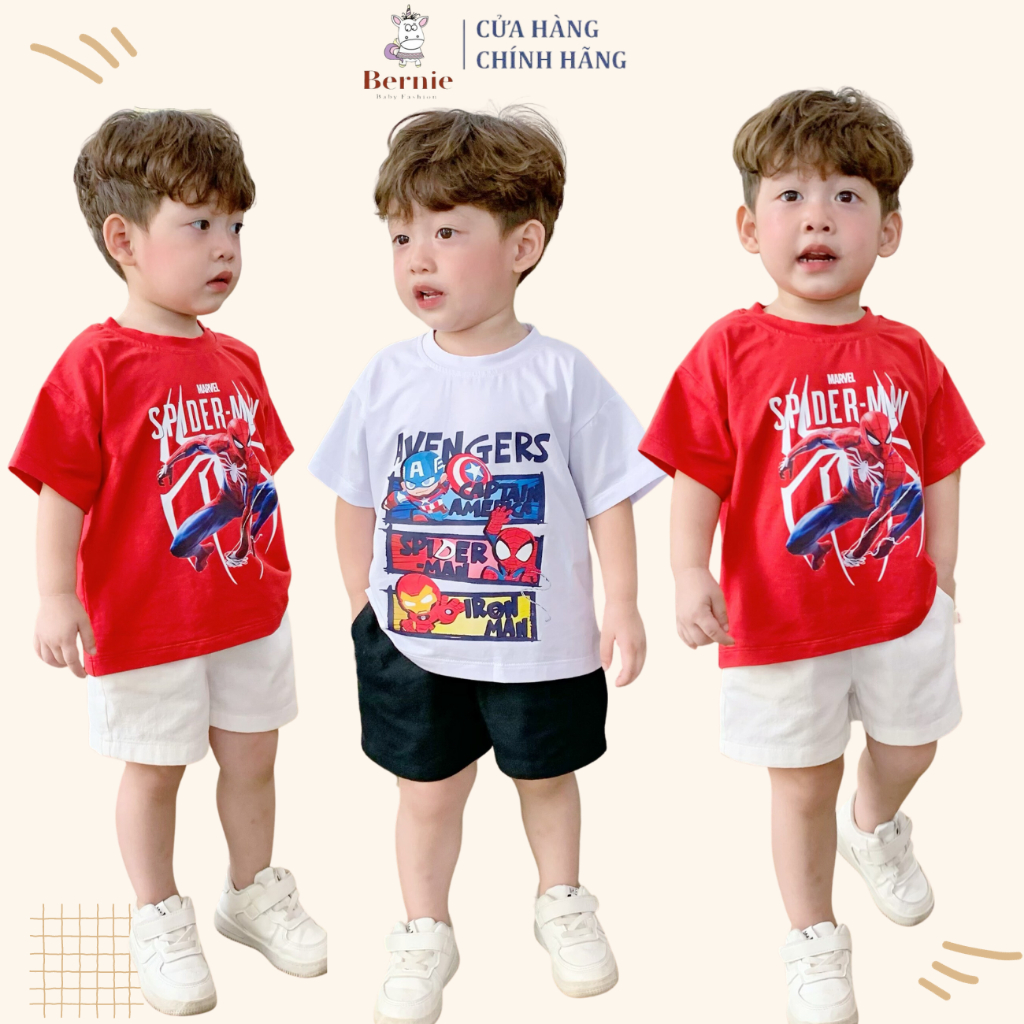 Set phối bộ đồ siêu nhân cho bé trai áo thun màu đỏ màu trắng hoặc quần sooc đùi kaki linen 1 đến 7 tuổi BERNIE KIDS