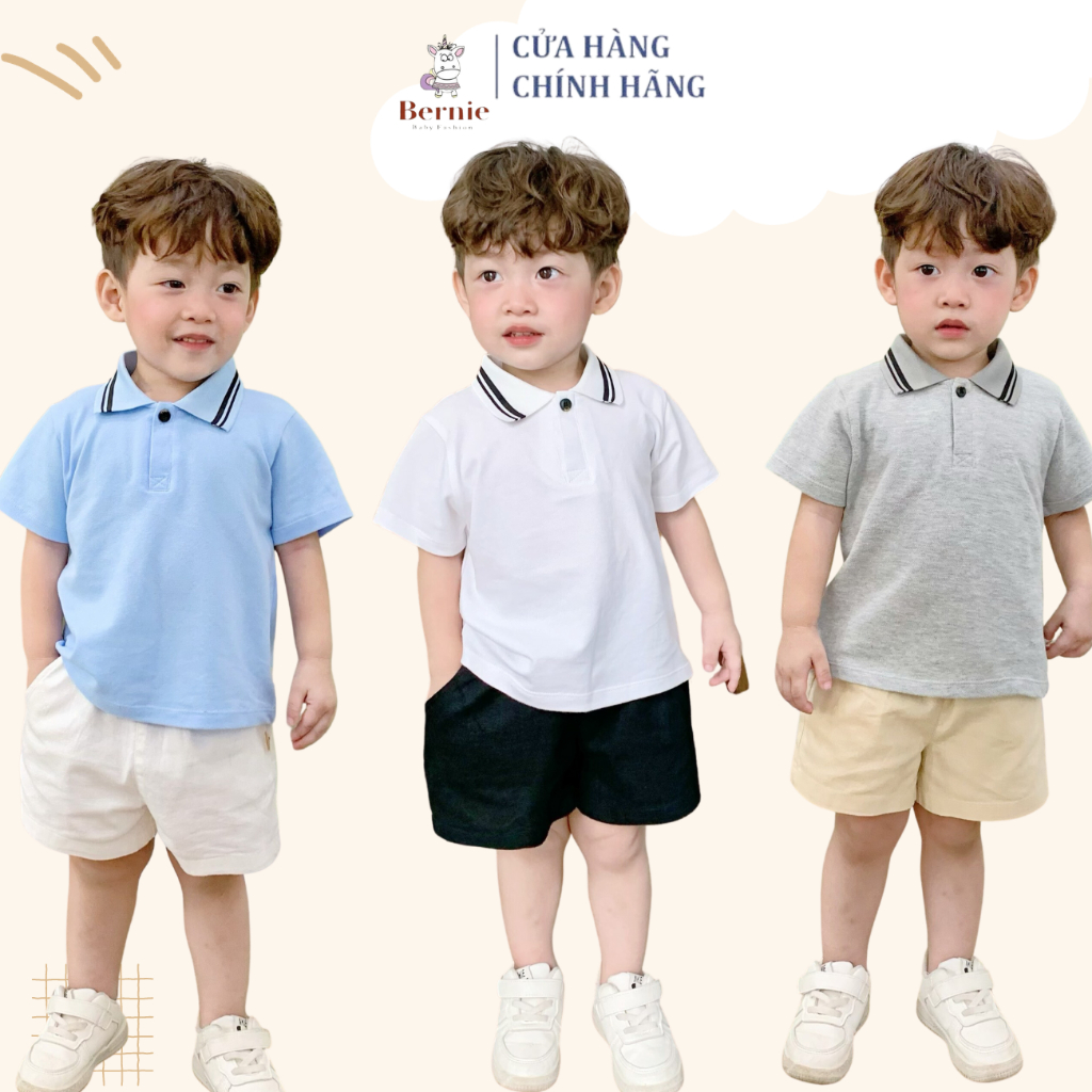 Set phối bộ polo cho bé trai áo thun màu trắng ghi xanh hoặc quần sooc đùi kaki linen 1 đến 7 tuổi BERNIE KIDS