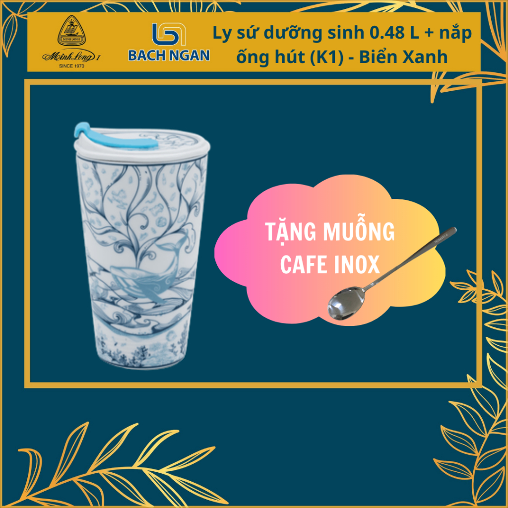 Ly sứ dưỡng sinh 0.48 L (K1) + nắp ống hút - Biển xanh - Gốm sứ cao cấp Minh Long
