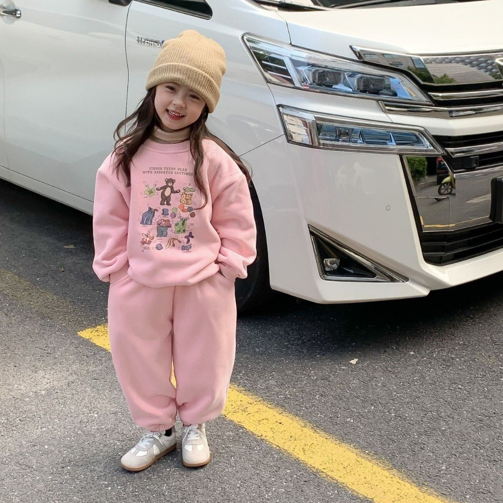 Bộ nỉ hình 2 màu be hồng cho bé trai và bé gái