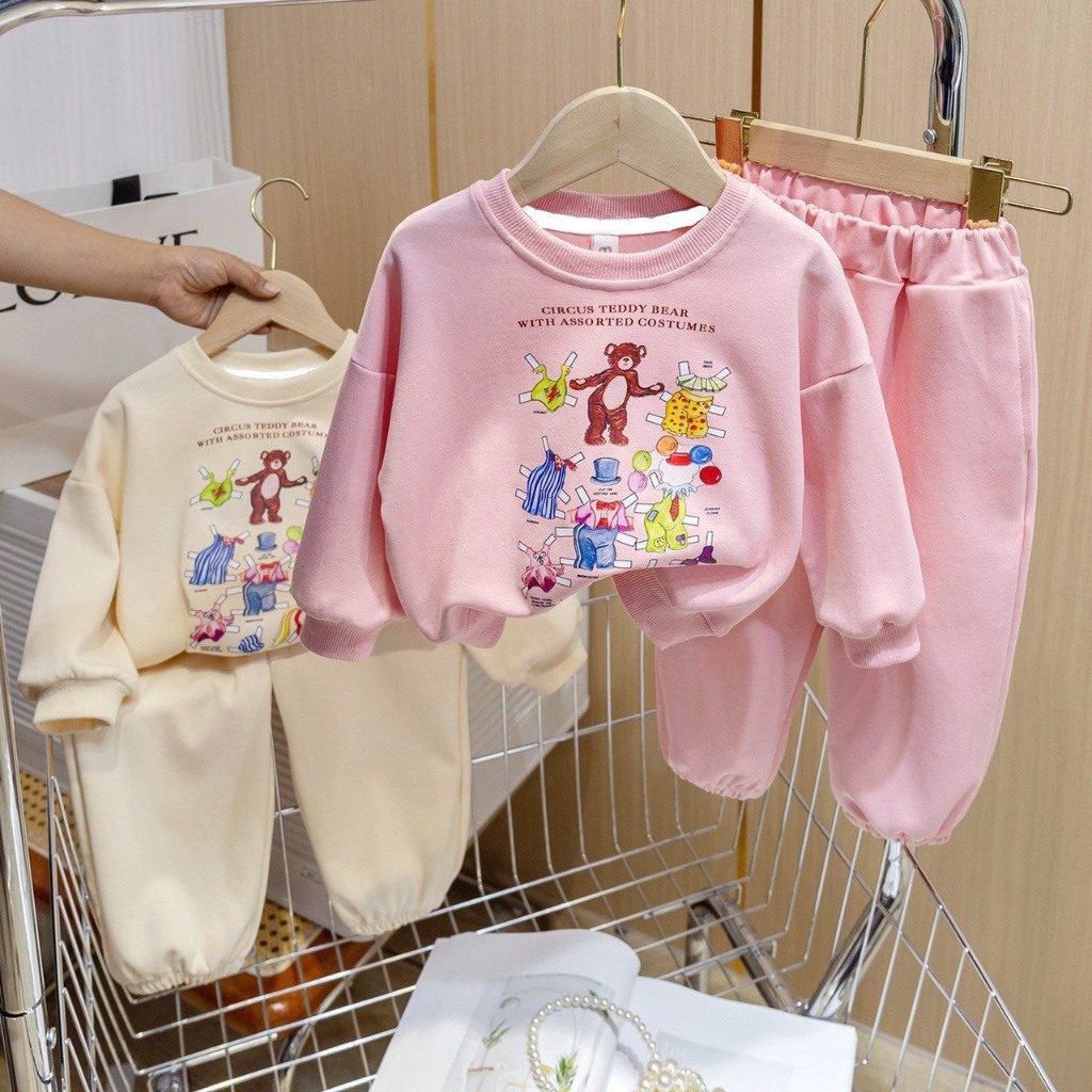 Bộ nỉ hình 2 màu be hồng cho bé trai và bé gái