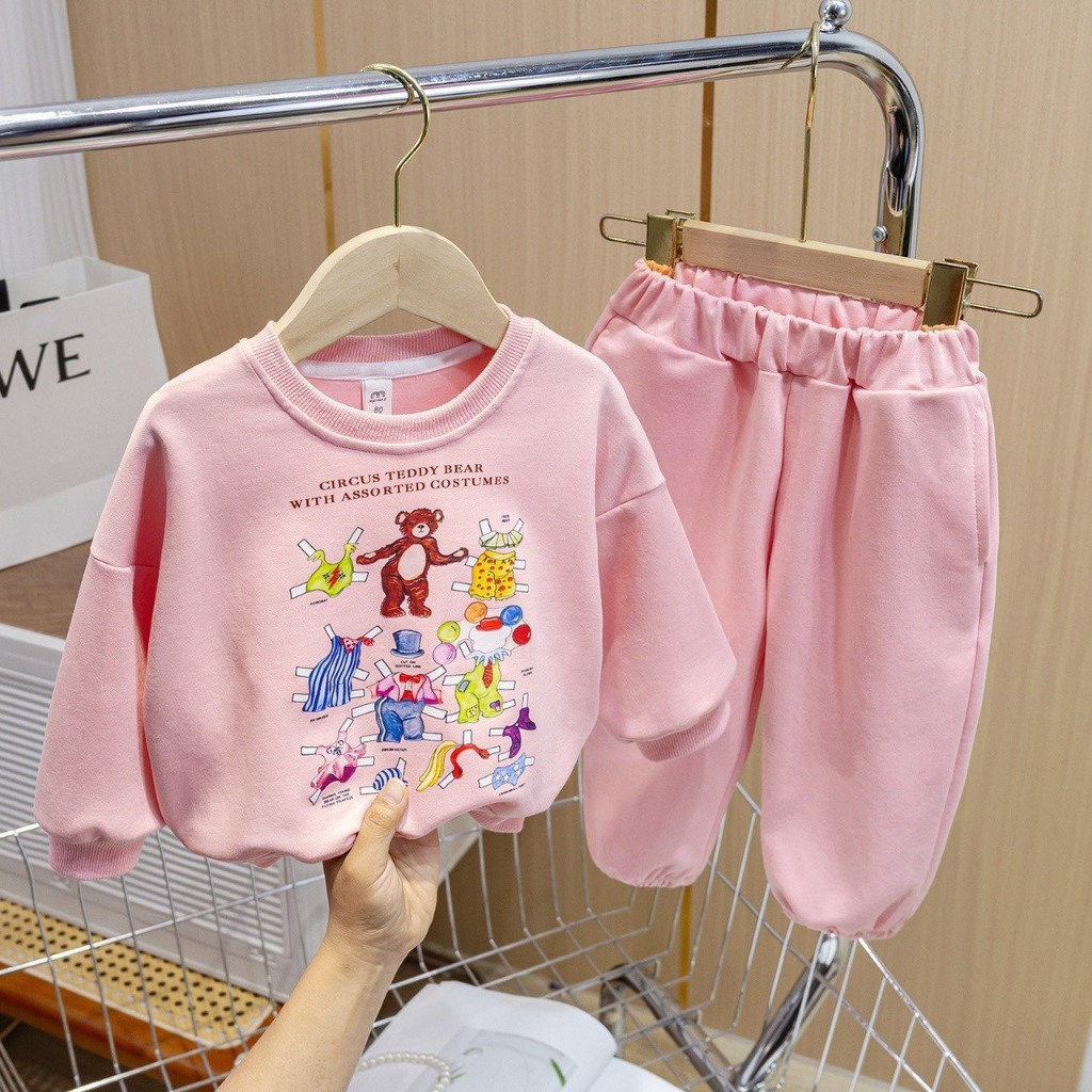 Bộ nỉ hình 2 màu be hồng cho bé trai và bé gái