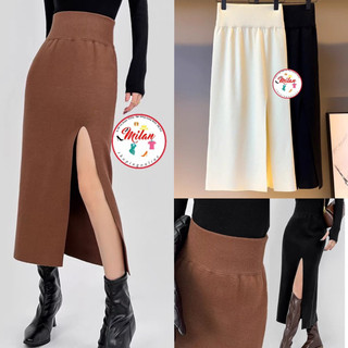 Chân váy len dài cạp cao sẻ đùi style