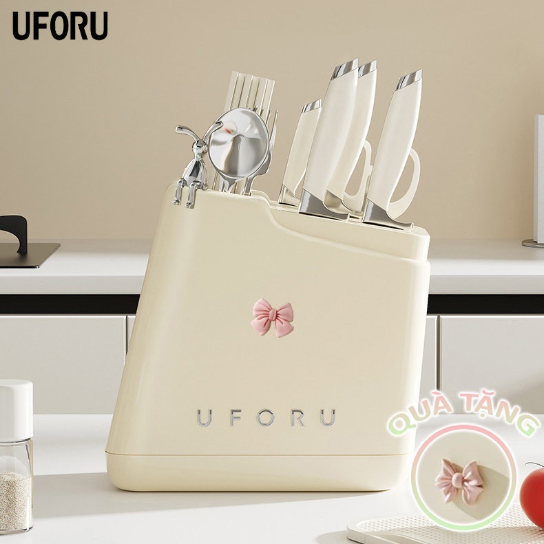 Giá cài dao đa năng để bàn tích hợp ống đựng đũa muỗng uforu màu kem chất liệu nhựa cao cấp đính thỏ kèm nơ - UF533