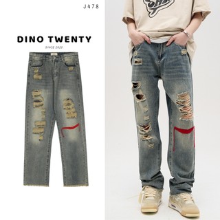 Quần jean rách ống đứng zipper streetwear Quần jean ống suông nam Thiết Kế Phong quần jean rách gối Cách Vintage
