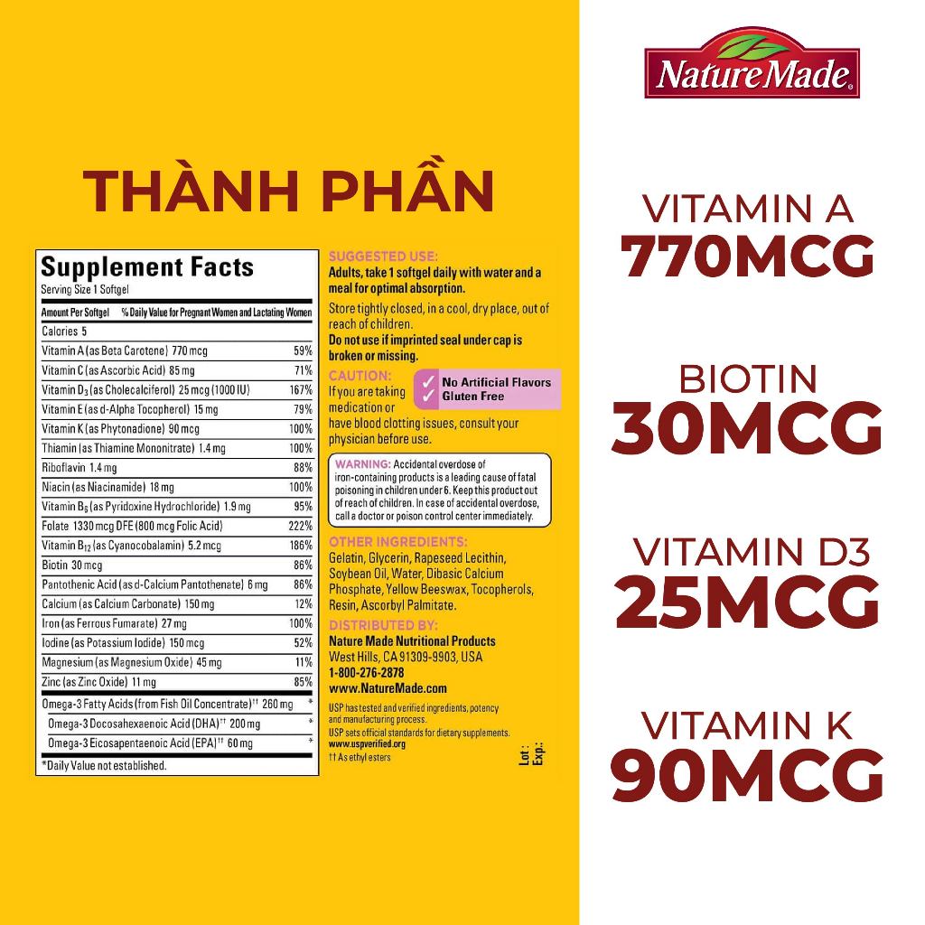 Vitamin tổng hợp cho mẹ bầu Nature Made Prenatal Folic Acid + DHA 150 viên bổ sung vitamin thiết yếu của Mỹ