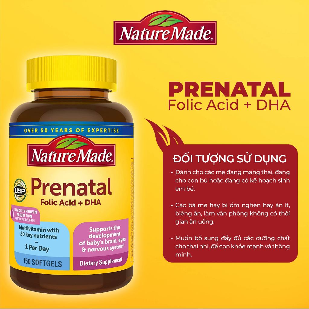 Vitamin tổng hợp cho mẹ bầu Nature Made Prenatal Folic Acid + DHA 150 viên bổ sung vitamin thiết yếu của Mỹ