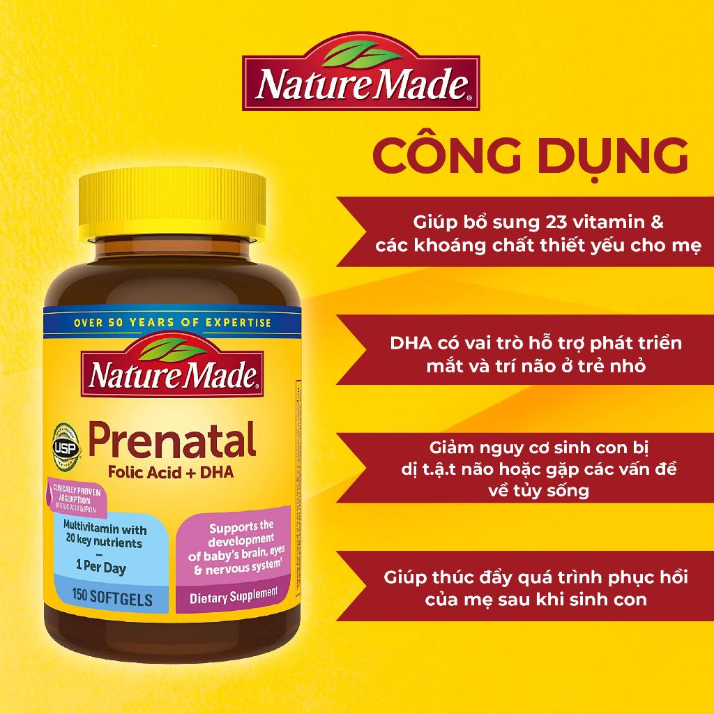 Vitamin tổng hợp cho mẹ bầu Nature Made Prenatal Folic Acid + DHA 150 viên bổ sung vitamin thiết yếu của Mỹ