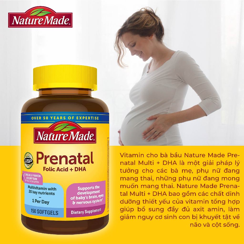 Vitamin tổng hợp cho mẹ bầu Nature Made Prenatal Folic Acid + DHA 150 viên bổ sung vitamin thiết yếu của Mỹ