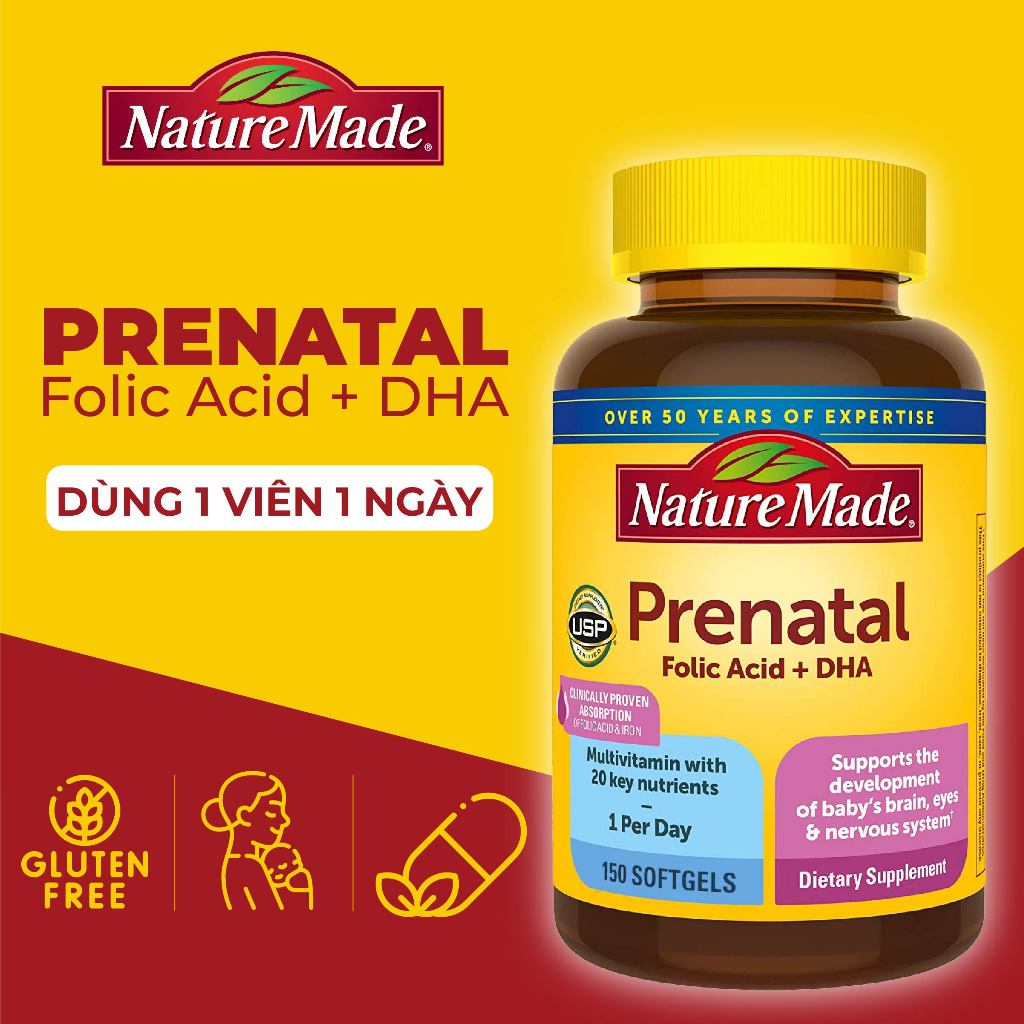 Vitamin tổng hợp cho mẹ bầu Nature Made Prenatal Folic Acid + DHA 150 viên bổ sung vitamin thiết yếu của Mỹ