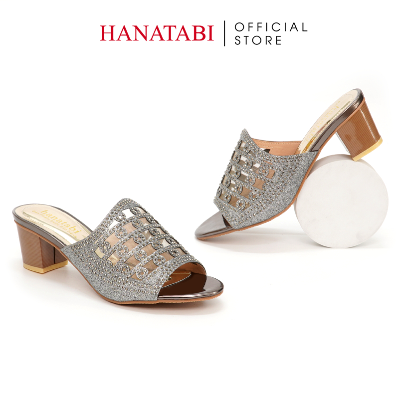 Dép Nữ Hanatabi Quai Kim Tuyến Phối Lưới Xoàn Gót Cao 5cm Mã HNDE5F909