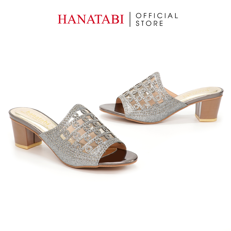 Dép Nữ Hanatabi Quai Kim Tuyến Phối Lưới Xoàn Gót Cao 5cm Mã HNDE5F909