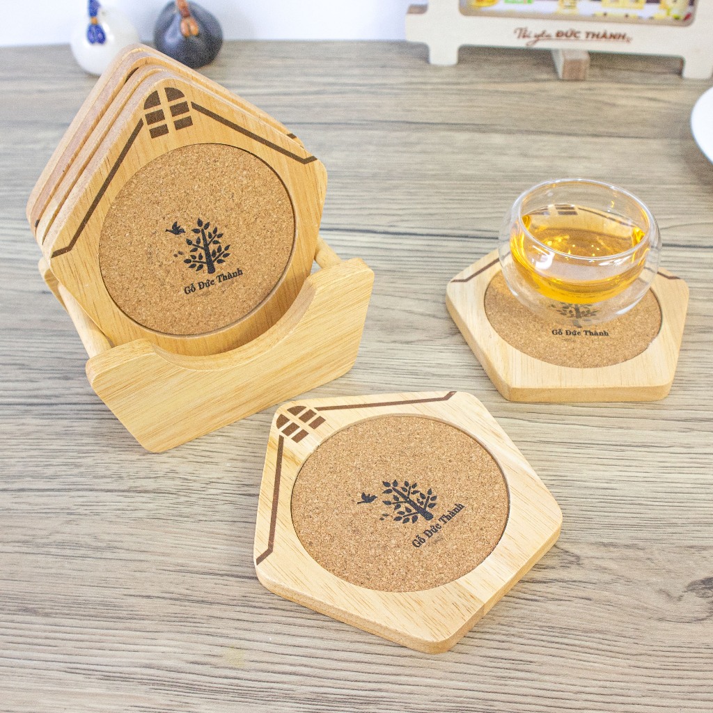 Bộ 6 miếng lót ly  hình ngôi nhà | Gỗ Đức Thành 27171 | Thấm hút tốt | Phù hợp gia đình, quán ăn, quán Cafe