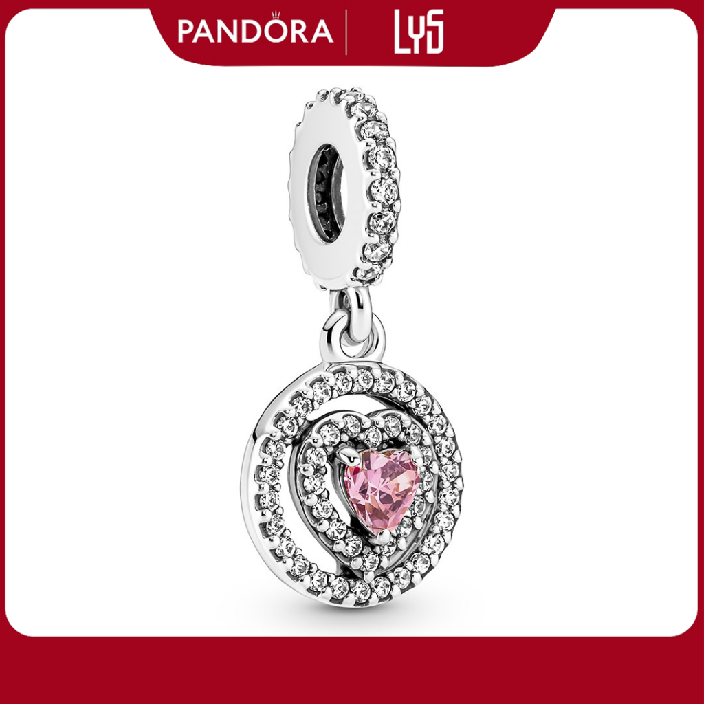 Charm Pandora Sparkling Double Halo Heart Dangle Charm trái tim đá hồng 1261 - Bạc S925