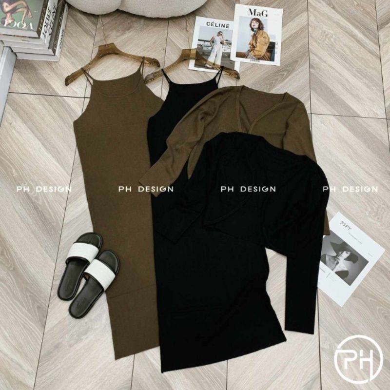 Set váy 2 dây len kèm áo cadigan hàng QC L1