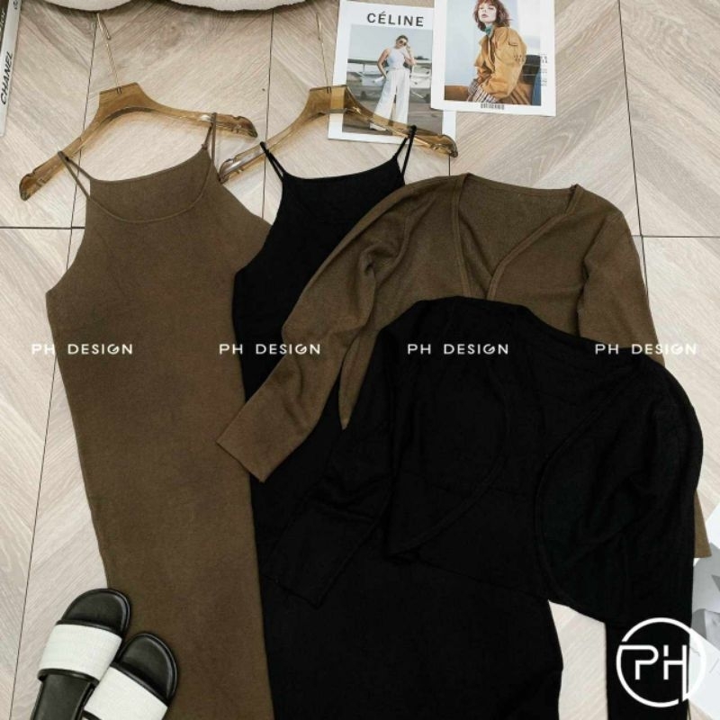 Set váy 2 dây len kèm áo cadigan hàng QC L1