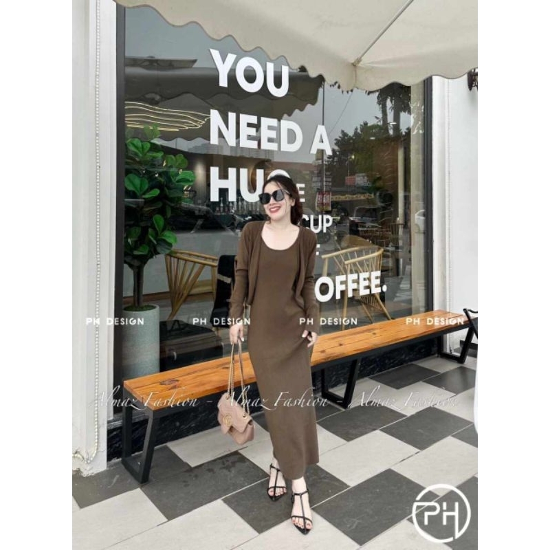 Set váy 2 dây len kèm áo cadigan hàng QC L1