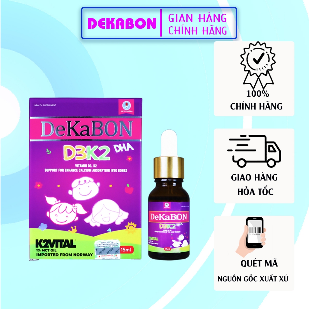 Vitamin D3 K2 DHA Dekabon 15ml, dạng nhỏ giọt giúp bé hấp thu tối Canxi vào xương, tăng trưởng chiều cao