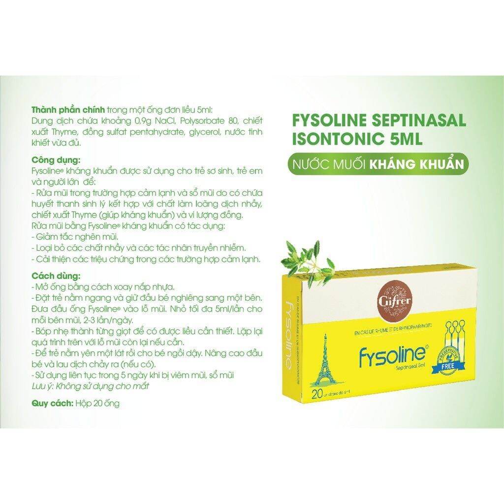 Nước muối sinh lí Pháp Fysoline kháng khuẩn, hỗ trợ nghẹt mũi, viêm mũi, sổ mũi cho bé