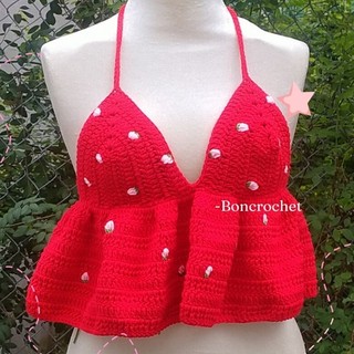Áo Croptop len bèo dáng dài hoạ tiết dâu Strawberry