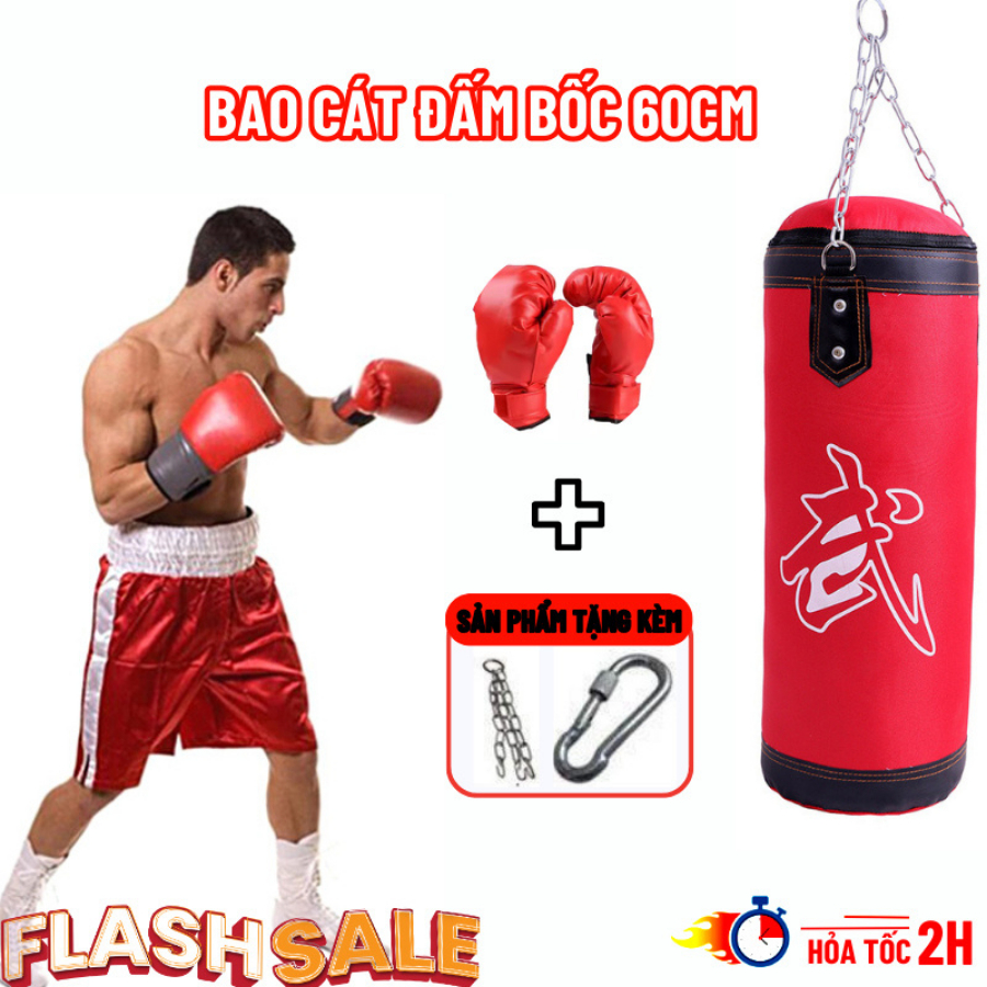 Trụ Bao Cát Đấm Bốc Tập BOXING 3 Lớp Siêu Bền 60CM, Vỏ Bao BOXING Tặng Kèm Găng Tay Tập Tại Nhà