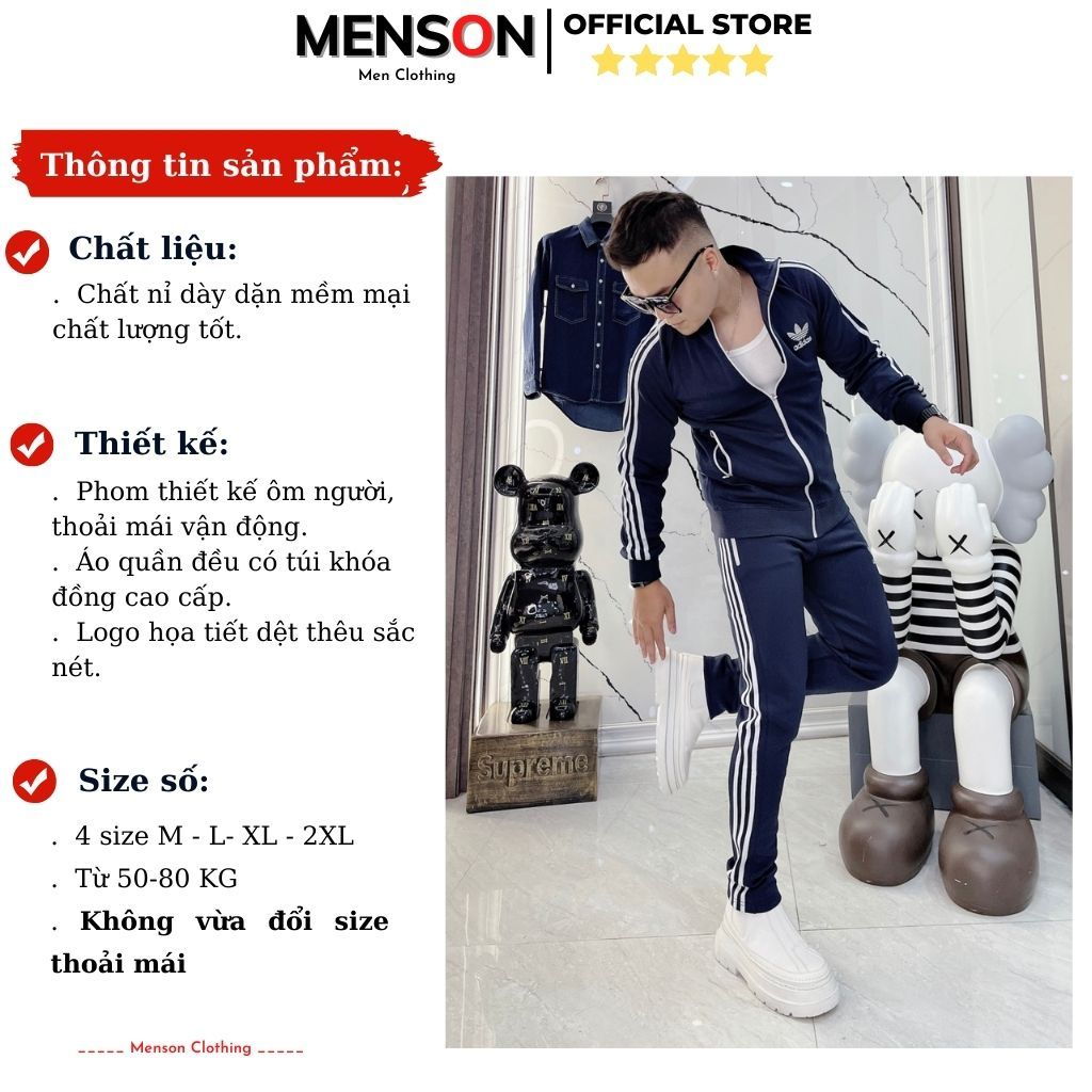 Bộ nỉ nam thu đông Adidas kéo khóa dài tay cao cấp Hàng loại 1 Menson MD314 Đồ bộ nam thu đông hàng hiệu 2023