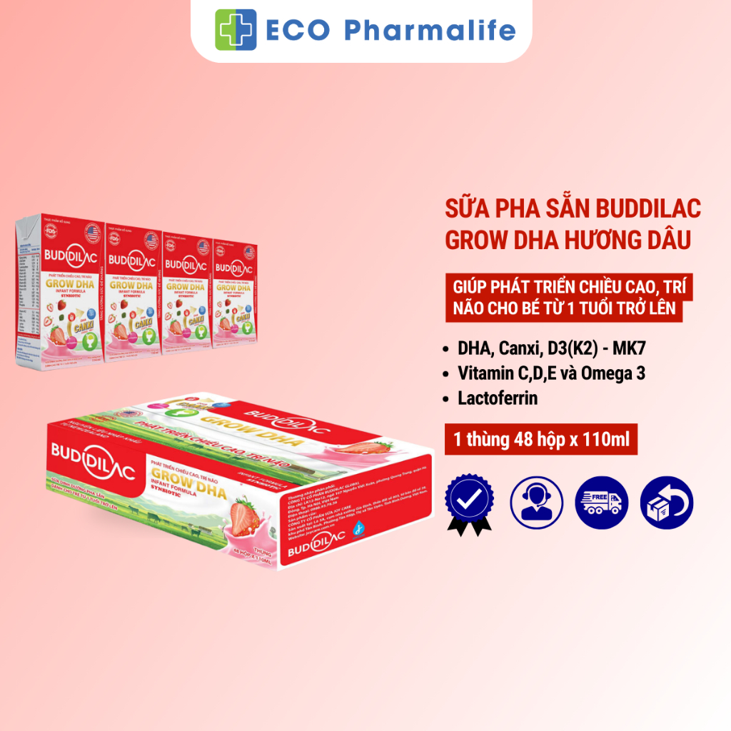 Sữa Pha Sẵn Buddilac Grow DHA - Phát Triển Chiều Cao, Trí Não Cho Bé Trên 1 Tuổi (1 thùng 48 hộp 110ml)