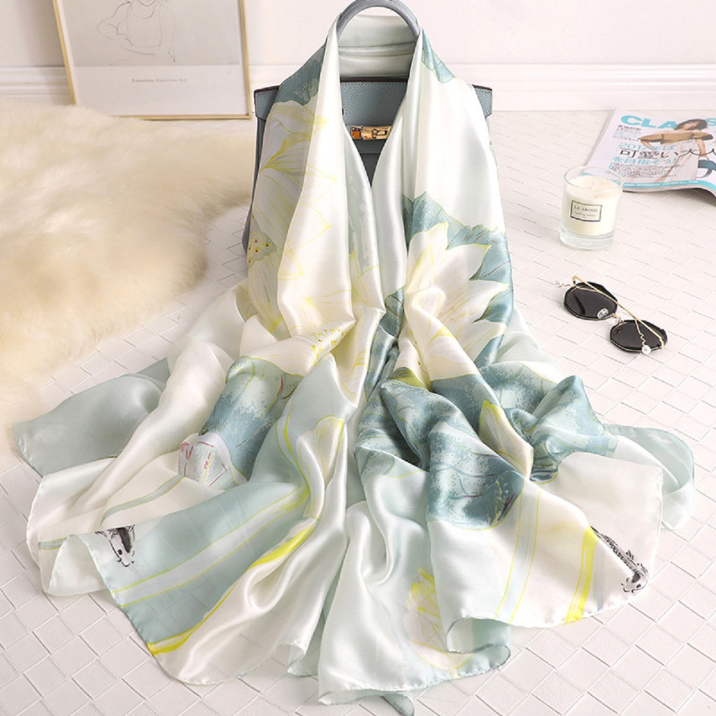 Các mẫu khăn lụa choàng cổ Nữ họa tiết hoa sen, khăn lụa khổ lớn kích thước 90*180cm