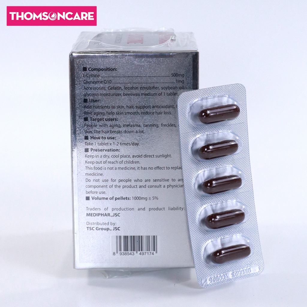 Viên uống Lcystine Bổ sung dưỡng chất cho da và tóc, giúp chống oxy hóa, da đẹp sáng mịn hơn - Hộp 60 Viên