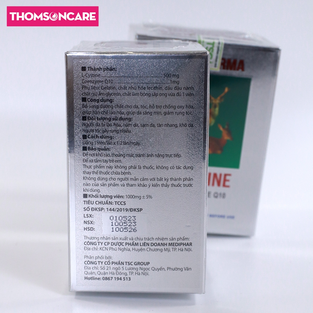 Viên uống Lcystine Bổ sung dưỡng chất cho da và tóc, giúp chống oxy hóa, da đẹp sáng mịn hơn - Hộp 60 Viên