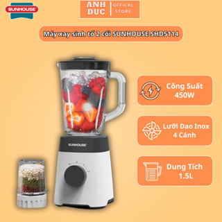  Máy Xay Sinh Tố 2 Cối SUNHOUSE SHD5114 -Máy Xay Đa Năng Lưỡi Dao Sắc Bén,Công Suất 450W Dung Tích 1.5L Cối Nhựa Siêu Bền 