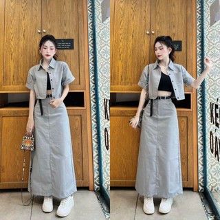  Sét bộ kaki áo khoắc sơ mi kèm áo lót gân sang chảnh mix chân váy tôn dáng ( kèm nịt ) xinh xắn trẻ trung đi chơi