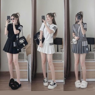  Sét bộ chân váy xòe dập ly tôn dáng sang chảnh mix áo xinh xắn cổ tròn họa tiết tay kẻ sọc dễ thương đi chơi
