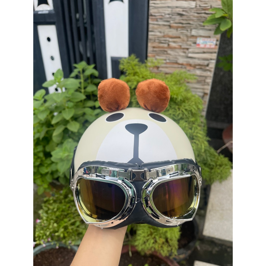 Nón bảo hiểm gấu kèm kính phi công cho bé từ 2t đên 8t