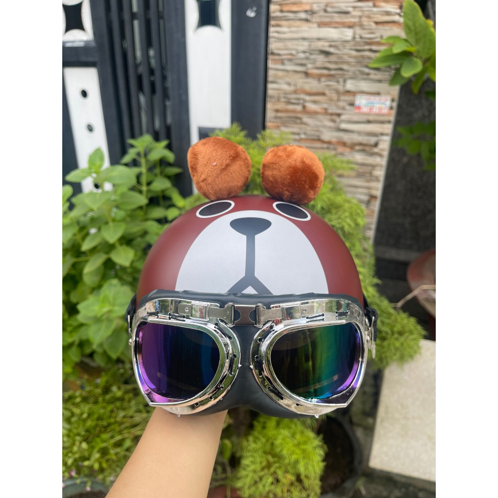 Nón bảo hiểm gấu kèm kính phi công cho bé từ 2t đên 8t
